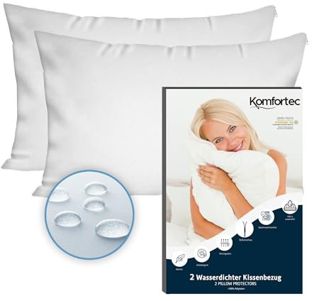 Komfortec Wasserdichter Kissenbezug 50x70 cm 2er Set mit Reißverschluss, Atmungsaktiv, Hypoallergen Kopfkissenbezüge 50x70, Anti-Milben, 2 Stück Kissenschoner 50x70, Weiß