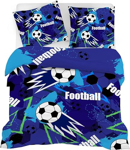SYHIEGO Parure de Lit 155x220 1 Personne Microfibre Housse de Couette Football Bleu 3D Linge de Lit Réversible Motif avec Fermeture Eclair avec 2 Taies d'oreiller 65x65cm pour Enfant Ado Garçon