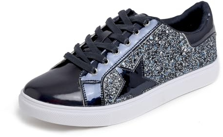 Feversole dammode snörning klänning sneakers glittrande fest glänsande skor stjärna glitter, Nattblå glitter stjärna snörning 1405, 39.5 EU