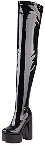 Gicoiz Mujer Punta Rojoonda Charol Tacón Chunky Botas Elásticas Plataforma Noche Moda Tacón Ancho Fiesta Zapatos Largas Negro-Charol/Sobre La Rodilla Talla 36.5 EU-37Cn