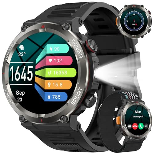 W50Pro Smartwatch Uomo con Effettua o Risposta, 1.45HD Orologio con 100Giorni StandbyBatteria/LED Torcia/Bussola, 24/7 Monitoraggio Salute (Frequenza Cardiaca/Sonno/SpO2) per Android iOS(2 Cinturini)