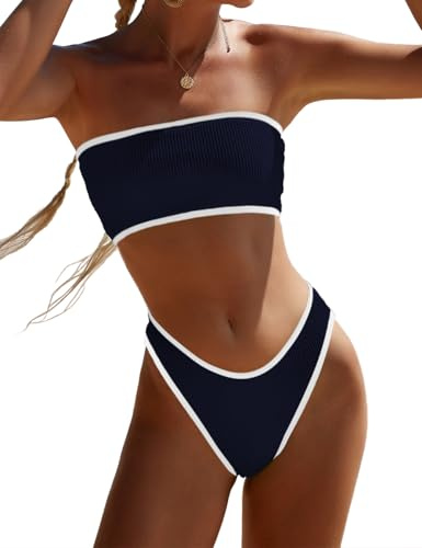 YIMISAN Women's Two Piece Bandeau Swimsuit Ribbed Strapless Tube Bikini Top with Mid Waist Cheeky Bottom Bathing Suit