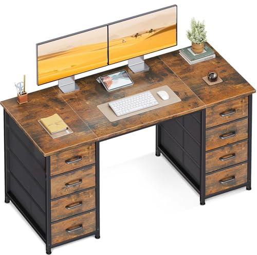 Coleshome Computer Desk with Drawers, 120x48cm Modern Office Desk with Storage, Small Study Table for Home Office, Vintage Brown