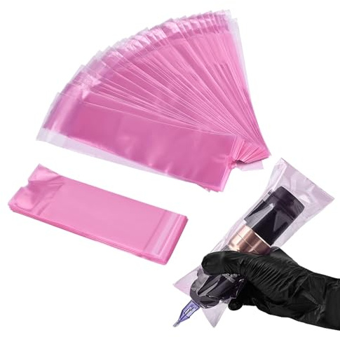 ATOMUS 200pcs rosa tatuering penna ärm med tätning 2,52 * 8,6 tum Engångs penna-typ tatuering maskin väska självhäftande självförseglande trådlös tatuering maskin penna täcka