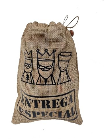 Susana Escribano Saco de Reyes Magos de Yute Natural – con Estampado en Vinilo Textil – Entrega Especial Mágica – Tamaño 30×20 cm – 100% Yute Ecológico Artesanal, Reutilizable, Perfecto para Regalos