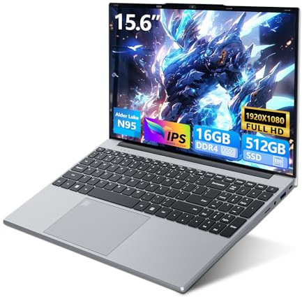15,6 Ordenador Portátil FHD IPS con procesador Celeron N95, 16GB RAM 512GB SSD, Win 11 PC Portátil con teclado retroiluminado y reconocimiento de huellas, Laptop USB3.0, HDMI, Wi-FI5, BT4.2, 5000mAh