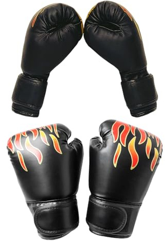 GLEAVI Guantoni da Boxe per 6Oz in PU Pelle con Fodera Traspirante Set 2 Paia con Design Fiamme Cartoon Guanti da Allenamento per Sparring Mma e Karate per Ragazzi Principianti