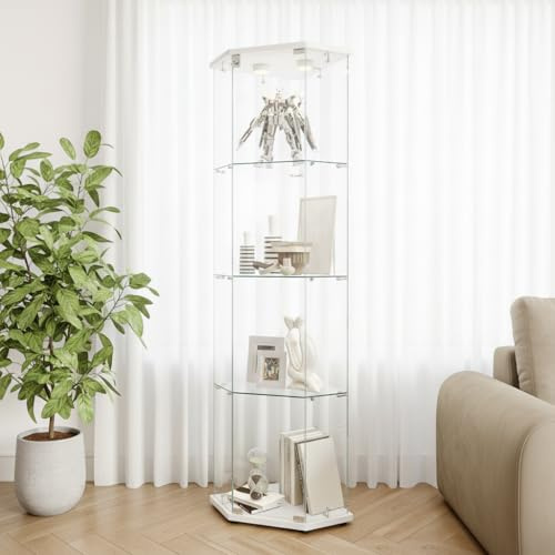 Vetrina angolare con illuminazione a LED, vetrina in vetro con ante in vetro, 4 ripiani a 1 porta, vetrina da collezione, per soggiorno, camera da letto, ufficio, libri (bianco, luce tap-tap)