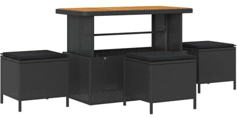 PUGYNBK Gruppo da pranzo in rattan nero con piano in legno di acacia e cuscino imbottito per 4 persone