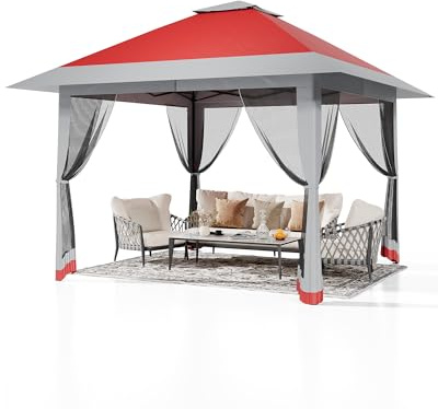 Creperture Pergolas Pop up para Exterior, 4 x 4 m Cenador de Jardin con Techo Doble Ventilado, 4 Mosquitera Antimosquitos, Altura Ajustable, Resistente a UV, Conjunto de Drenaje para Jardín,Rojo