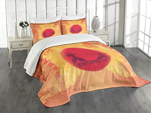 ABAKUHAUS japanisch Tagesdecke Set, Ninjas Vintage Sonnenuntergang, Set mit Kissenbezügen Sommerdecke, für Doppelbetten 264 x 220 cm, Senf und Lila