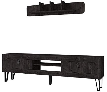 Alphamoebel 5101 Emerald Wohnwand Tv Board Lowboard Regal hängend Sideboard Metallfüße, Wohnzimmer, Holz, Rebab Dunkelgrau Braun, Wandregal Metallrahmen, mit Türen, 180 x 55 x 30 cm