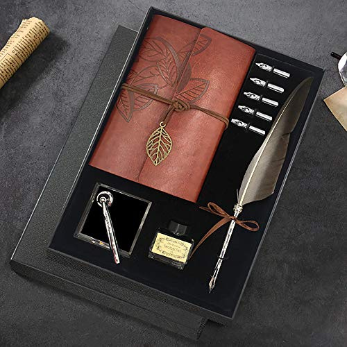 GCCL Quill Pen and Ink Set, Antique Feather Dip Calligraphy Pen Set, including Feather Pen, 5 Replacement Nibs, Pen Nib Base, Notebook, Ink, Gift Box, Best Gifts for Men Dad (Grey)