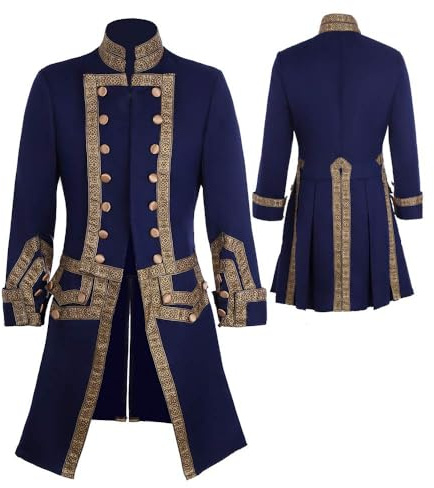 CosplayDiy Men's 18th Century Colonial Military Uniform Tailcoat Costume Medieval Victorian Men's Regency Outfit, Blue 1, XXL