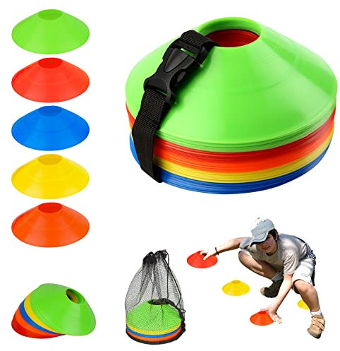 talifoca 50 Stück Markierungshütchen, Sport Markierungshütchen mit Schnallenriemen, Markierteller Sport Markierungsteller für Fußball, Tennis, Hockey, Leichtathletik und Agilität Training, 5 Farbe