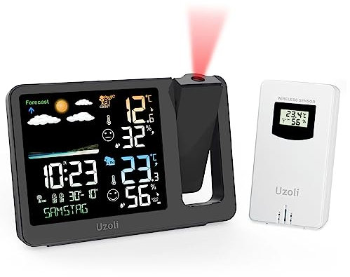 Uzoli Projektionswecker Digitaler Wecker mit Projektion Funkuhr Innen Außen Thermometer Hygrometer Wettervorhersage Komfortstufe Schimmelrisiko Projektionsuhr Wetterstation mit Außensensor - EM3539A