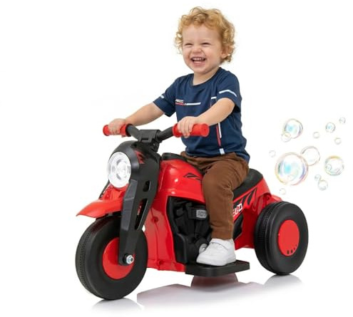 Kids Electric Motorbike, 6V Ride On Motorcycle with Automatic Bubble Function Headlight Music Foot Pedal, 3 Anti-Skip Wheels Vehicle for Boys Girls Ages 3+ (Red)