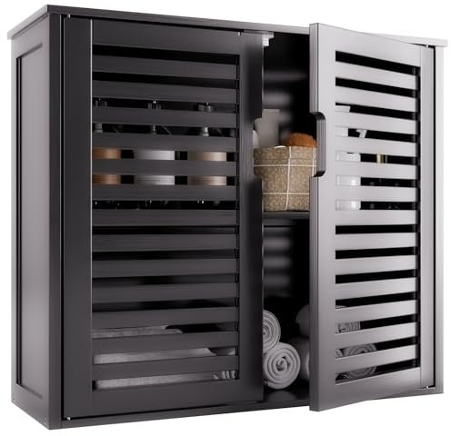 HITNET Badezimmer Hängeschrank Schwarz, Bambus Wandschrank, Medizinschrank Hängend über der Toilette mit verstellbaren Regalen für Wohnzimmer Schlafzimmer Küche