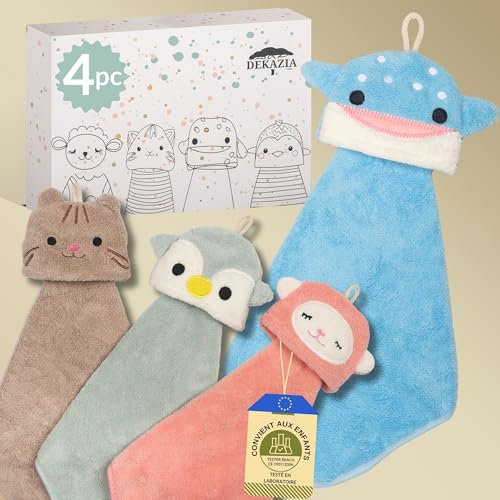 DEKAZIA® 4er-Set Tier Waschlappen für Kinder - Mikrofaser Kinderhandtuch & Waschhandschuh mit Tiergesicht - Weiche Gästehandtücher für Baby & Kleinkind - Hängende Handtücher