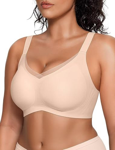 Vertvie Wireless Bras for Women Non Wired Support Mesh Crossover Bra Seamless Push Up Full Coverage V Neck Lace Padded Bralettes Everyday Bra (Nude,XL)