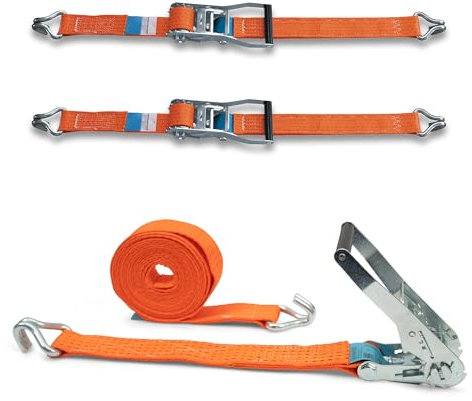 DoZurr 5000 - Juego de 2 Correas tensoras con trinquete Estable y Gancho de Perfil, soporta hasta 2500 kg, 50 mm de Ancho x 8 m de Largo, Naranja, para Camiones y remolques Grandes