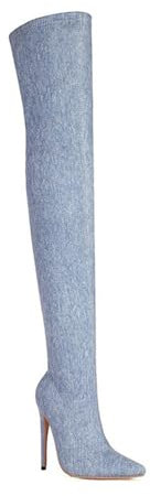 GZHMMAN Knästövlar knähöga stövlar damskor denim spetsig tå stilettklackar lårstövlar höga stövlar högklackade höjd 10 cm, blå, 44
