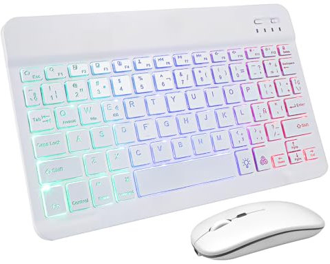 HOMSFOU Teclado y Ratón Inalámbricos Recargables con Iluminación Multicolor para Tabletas y Móviles Teclado Portátil Español con Pegatinas Diseño Compacto y Silencioso