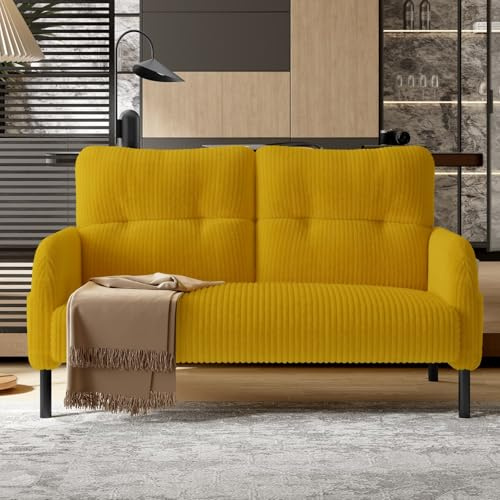 KOMHTOM Petit Canapé 2 Places en Velours Côtelé avec Dossier Haut Confortable, 4 Poches et Pieds en Métal - Canapé d'angle Moderne pour Salon, Chambre à Coucher et Bureau (Jaune - 2 Places)