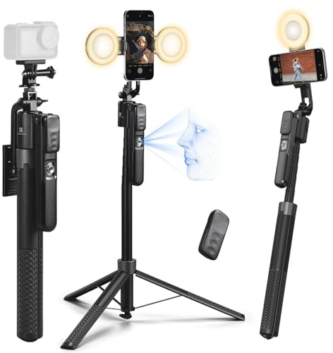 K&F CONCEPT Bastone Selfie 180CM, Adatto per DJI OSMO POCKET 4&3, Selfie Stick Treppiede Smartphone con Luce per iPhone Samsung, Suivi AI 360° Viso, Pieghevole e Automatico,7 in 1 per Video/Vlog/Live