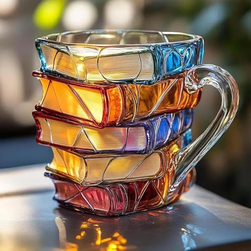 Generico Tazza Libri, 300ML Stained Glass Painted Book Coffee Mug, Novità Amanti dei Libro Caffe Tazzine con Manico Isolante, 3D Stacked Painted Book Coffee Cups, per Regali Amanti dei Libri