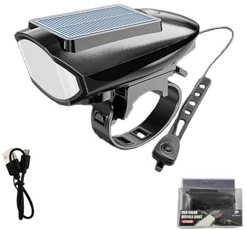 Peixiong Luz Delantera para Bicicleta con Energía Solar y USB, Incluye Bocina, Faro Frontal Recargable (Negro)