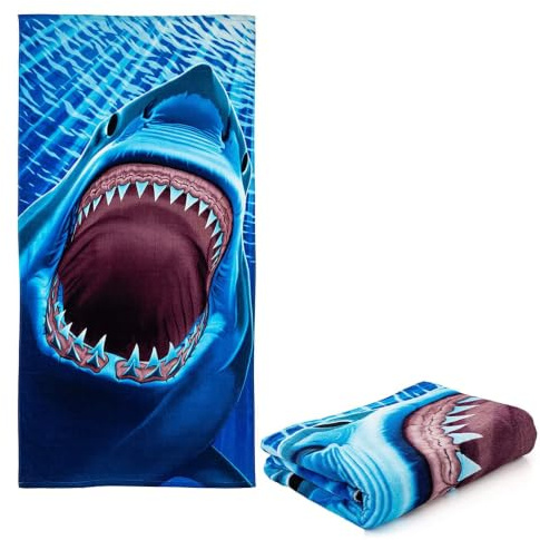 LKNBIF Shark Pattern Beach Towels, Bath Poncho, Microfiber Portable Bath Towel, Quick-Drying Camping Travel Towel, Soft for Travel, Beach, Swimming, Adults 75×150CM Blue