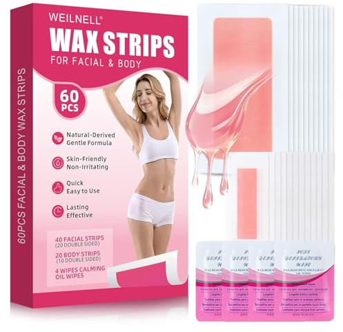 60 PCS Wax Strips for Hair Removal - 40 Facial & 20 Body Wax Strips for Women's Hair Removal, Waxing Strips for Face, Eyebrow, Arms, Legs, Chest, Bikini, Natural Formula for Smooth Skin & 4 Oil Wipes