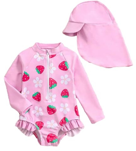 JENJON Trajes de Baño de Una Pieza para Bebé Niñas Manga Larga con Cremallera Bonito Volantes Estampado Bañadores y Gorro Infantil Traje de Baño Verano Playa Fresa Rosa 6-12 Meses