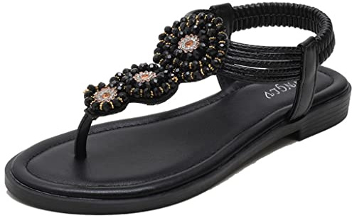 Dammode T-rem sommar Flip Flops-sandal，Söta damer med öppna tår Platta sommarsandaler，Bohemiska platta skor Tofflor (Färg: Beige, Storlek: EU38)