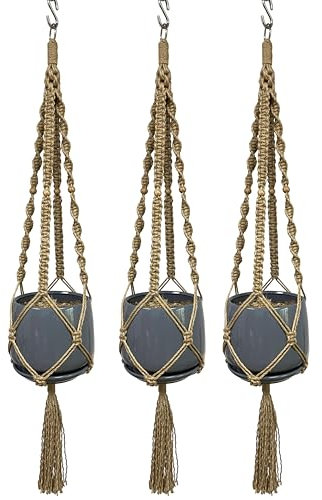 HANPO 4 Legs Macrame Plant Hanger Hanging Planter Natural Jute Plant Holder with Wood Bead Decoration and Metal Ring 48 for 10 inch Planter Pot (3)