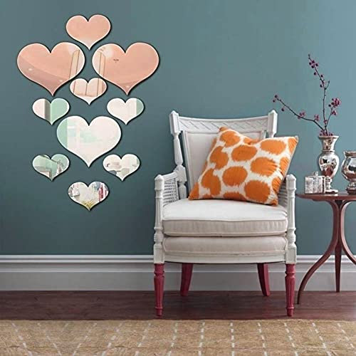 Mirror Wall Stickers, 3D Crystal Love Heart Acrylic DIY Art Wall Decals Home Living Room Bathroom TV Background Decor (Silver)