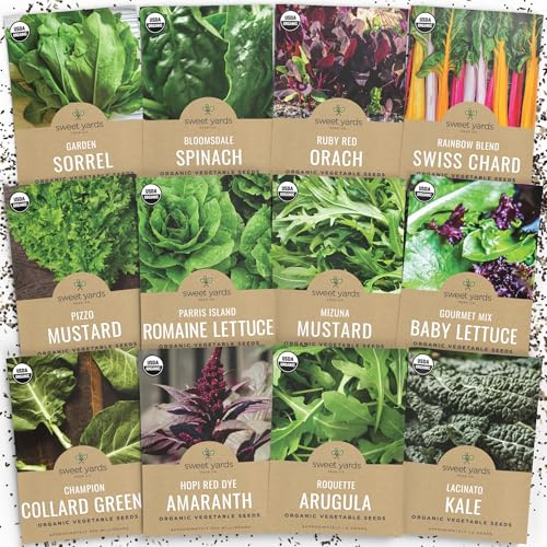 Organic Healthy Greens Seeds Variety Pack - 12 Individual Packs - 2026 Season - Arugula, Kale, Swiss Chard, Spinach, Mustard & More! for Indoor & Outdoor Planting (Non-GMO, Certified Organic)