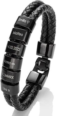 MYCLUSIV® Bracelet Homme en Cuir avec Gravure Personnalisée – Cadeau pour Papa – Bracelet Noir en Cuir Véritable avec Nom
