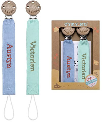 TYRY.HU Schnullerkette mit Namen Jungen Mädchen Personalisierte Schnullerband Holz Clip Baumwolle Schnuller Clips für Neugeboren, 2 Stücke