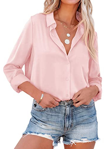 NONSAR Chemise élégante à Manches Longues et col relevé, Blouse pour Le Bureau, Haut décontracté, pour Femme(Rose,XXL)
