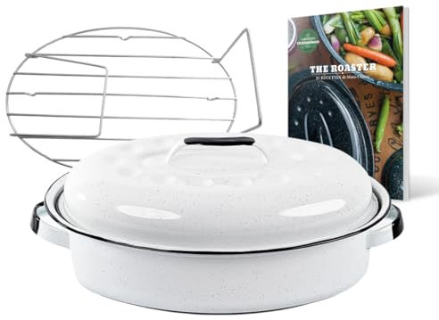 Granite Ware Granite Ware – Olla Roaster blanca de tamaño mediano – Acero esmaltado – Oval – 4L – Ultraligera – Rejilla de cocción de acero inoxidable + libro de 35 recetas