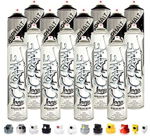 Betterrun LOOP Sprühdosen Set - Silber Schwarz - 16 x 600ml + 10x Sprühaufsätze/Graffiti Spray Cans von Loopcolors