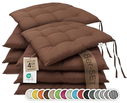 ZOLLNER 8er Set Sitzkissen in 40x40cm - gemütliche Stuhlkissen mit Bindebänder - waschbar bis 30°C - in braun - Oeko Tex® Zertifiziert