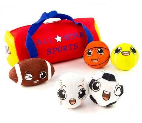 My First Sports Bag with 5 Plush Sports Balls - Rattle Ball with Sound - Sensory Toys for 1 Year Old - Toys for Toddler - Rattles Gift for 1 Year Old