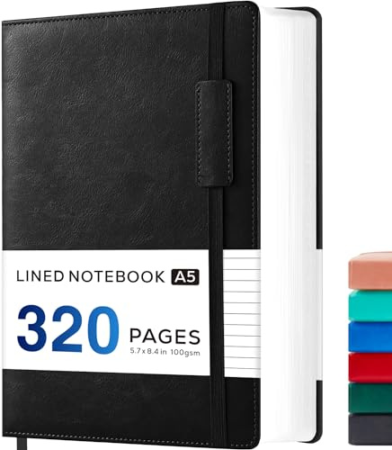 NIRMIRO Carnet de notes A5 à couverture rigide en cuir avec 320 pages de papier épais de 100 g/m², sans bavure, journal ligné pour homme et femme, noir, 14 x 21 cm