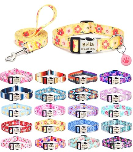 Moonpet personligt anpassad anpassad hundhalsband koppel Airtag hållare set med namn telefonnummer för valp X-small liten medium stor pojke flicka hundar – gul blomma-M