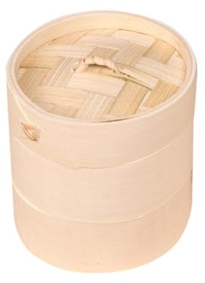 Soulnioi Vaporiera in bambù da 16 cm, design tradizionale cinese, due livelli con coperchio, adatto per piccoli gnocchi per gnocchi di carne di pesce Dim Sum