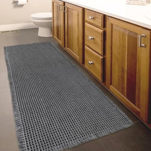 Mavicen Waffle Badematte rutschfest, 61x183cm Badezimmerteppich Groß Weich Flauschig Badteppich, Saugfähige Badvorleger Waschbar Badematten für Badezimmer, Dielen und Küchen - Dunkelgrau