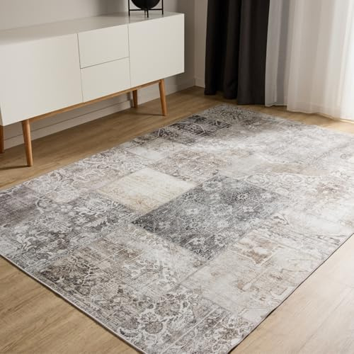 benuta Basic Waschbarer Teppich George - Grau 80x150 cm - Kunstfaser - Rechteckig & im Style: Vintage, Ethno-Style, Shabby Chic - Pflegeleicht für Wohnzimmer Schlafzimmer